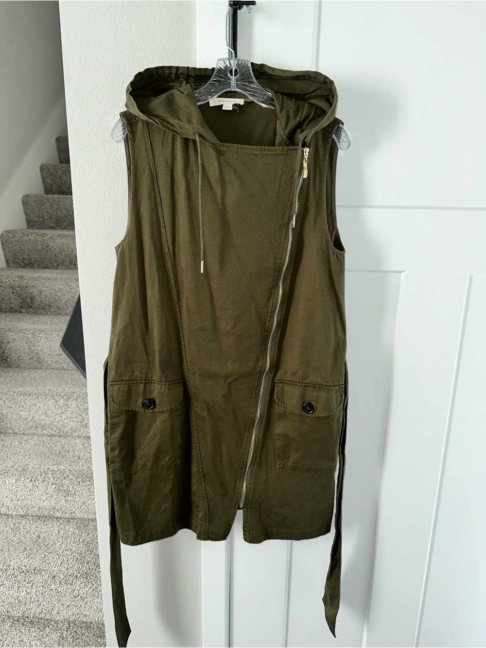 Onetheland Sleeveless Hooded Utility Vest Jacket Jean Dress - Olive Green size L